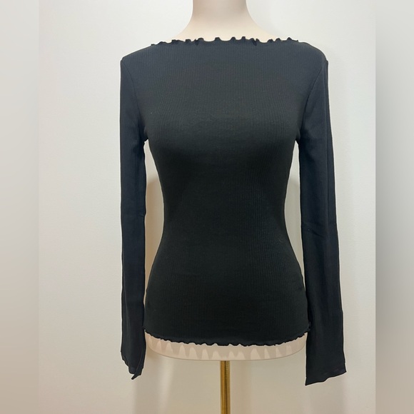 J.Crew NWT Vintage rib boatneck T-shirt with lettuce trim in black - Picture 5 of 6